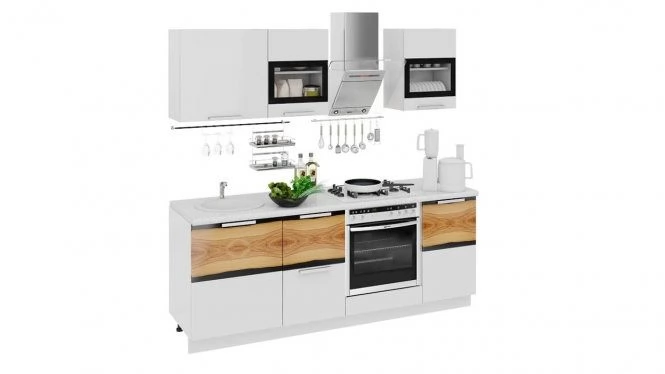 Готовый Набор для кухни длиной - 210 см (со шкафом НБ) ГН60_210_2 (НБ) белый/черный/светло-коричневый